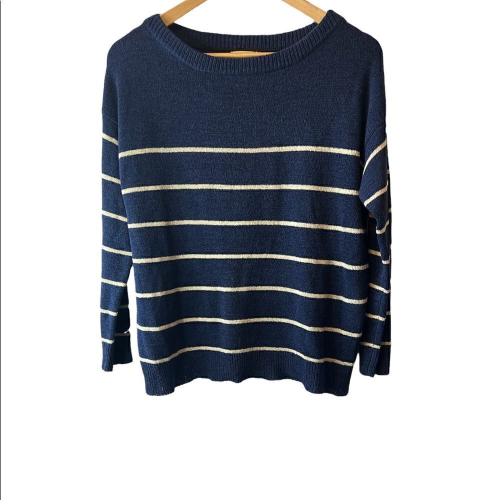 NWT THEKORNER Navy & Tan Stripe TightKnit Sweater